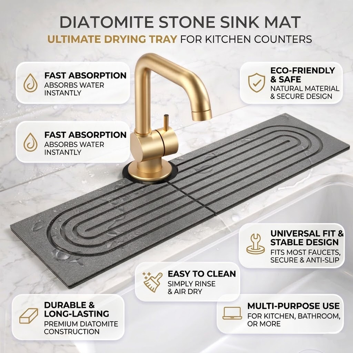 Absorbent diatomite stone mat, perfect bathroom organizer around sink faucets.