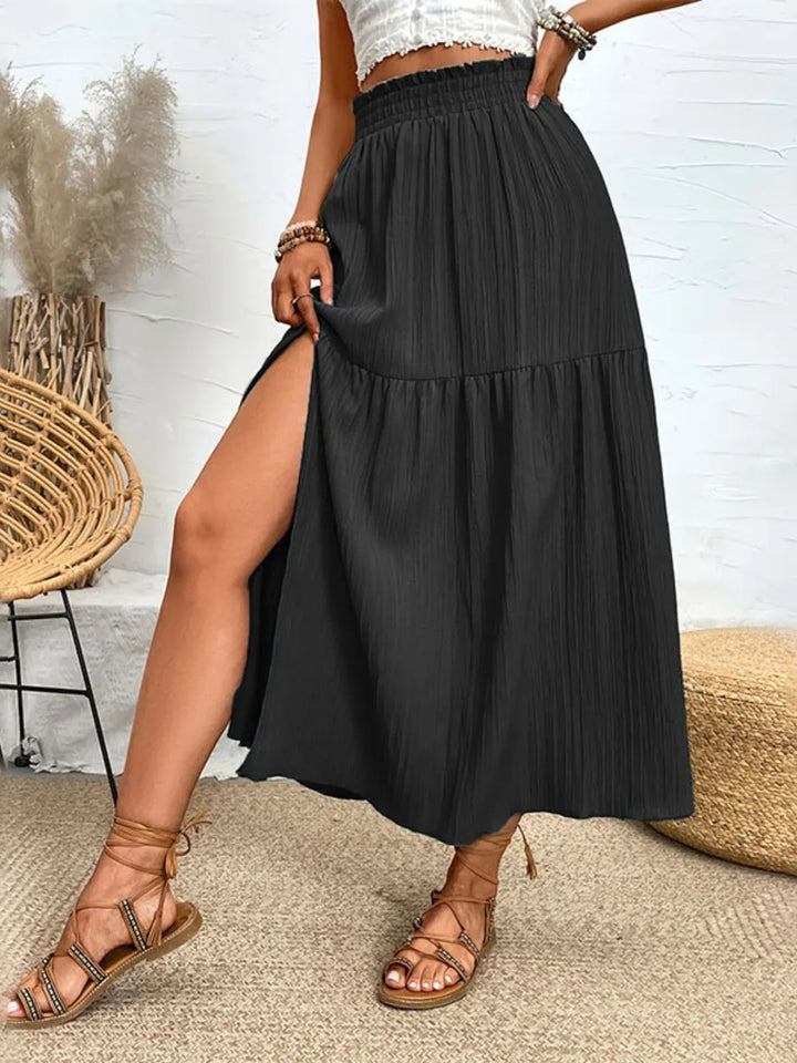 Casual women's tiered high slit midi skirt, great for everyday summer wear and outings.