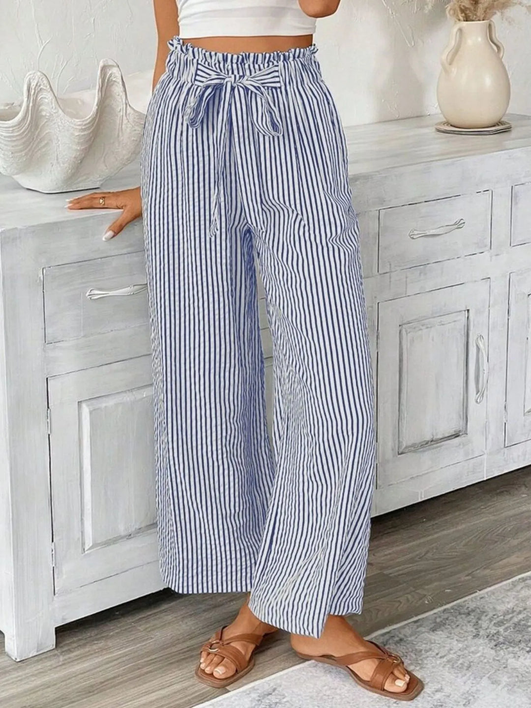 Comfortable summer beach pants: women's striped wide leg with a paperbag waist.