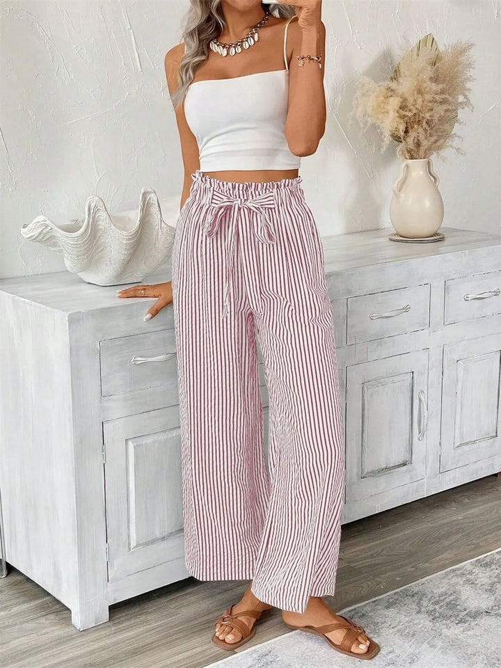 Summer-ready striped wide leg paperbag waist pants for women, light & breezy.