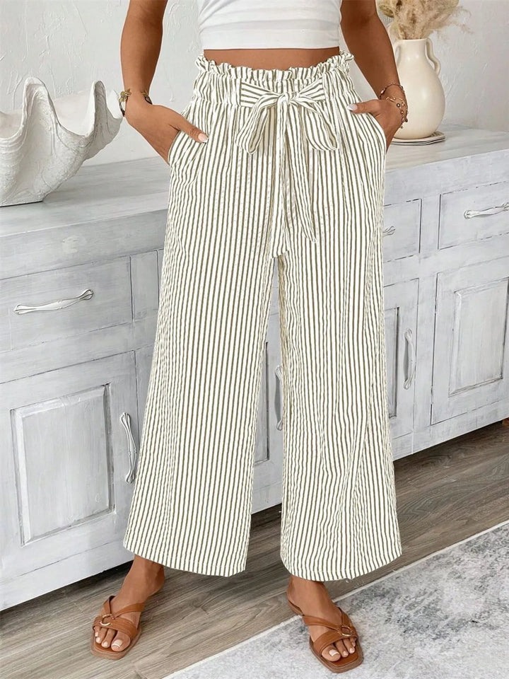 Casual striped paperbag waist pants, wide leg style for women, ultimate comfort.