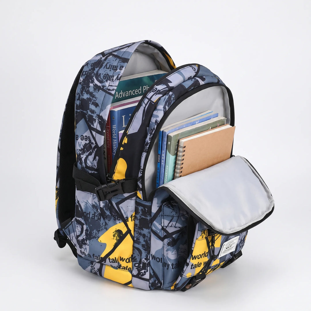 Ergonomic kids' school rucksack with vibrant abstract print, comfortable for students.