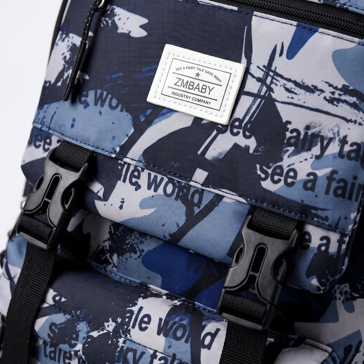 Durable kids' school bag featuring abstract art & organized pockets for books and supplies.