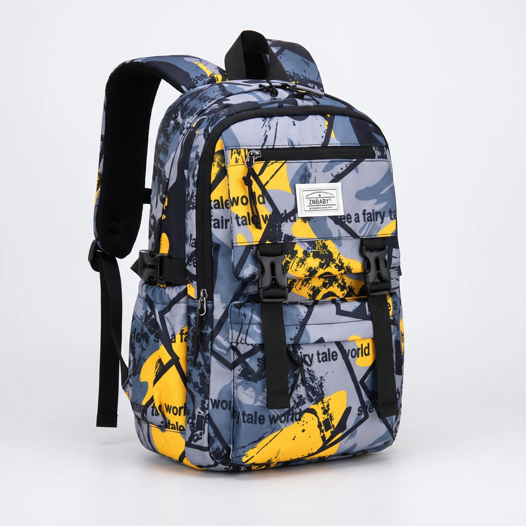 Durable kids' abstract print school backpack with comfortable straps & organized sections.