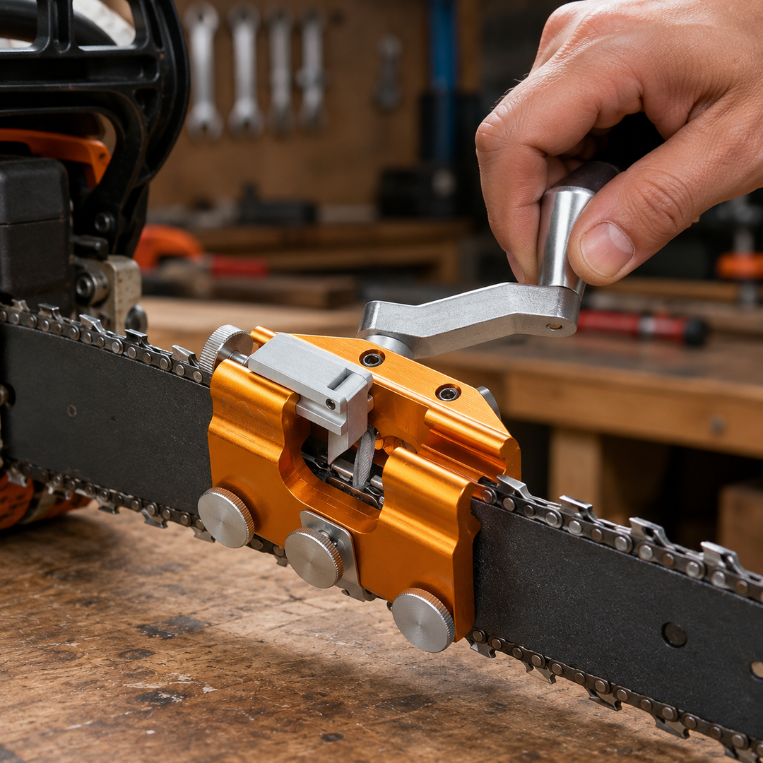 Handheld universal chainsaw sharpener tool for all types of saw chains, vital for woodcutting tasks.