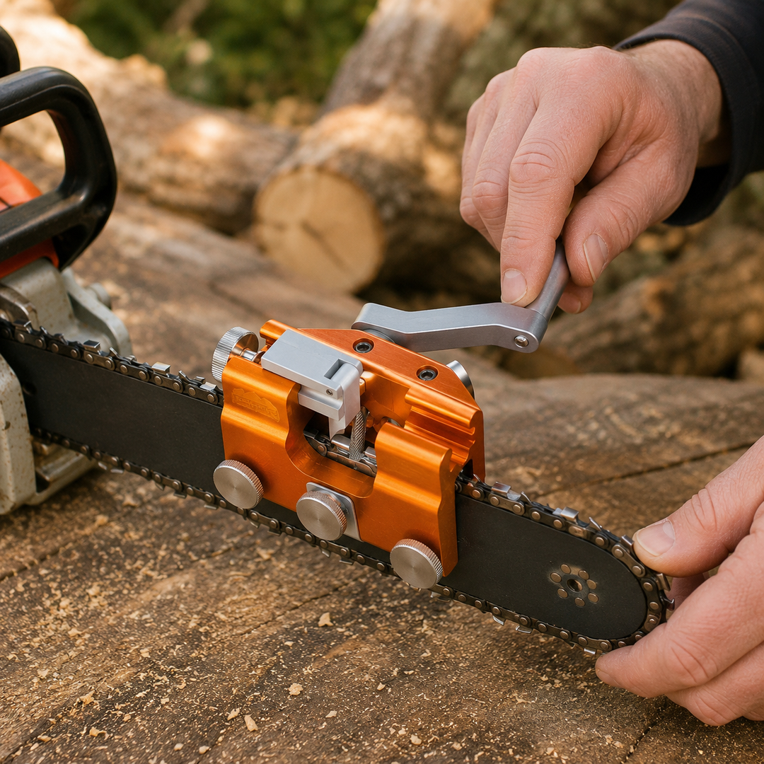 Universal chainsaw sharpener for quick & easy chain maintenance, improving woodcutting efficiency.