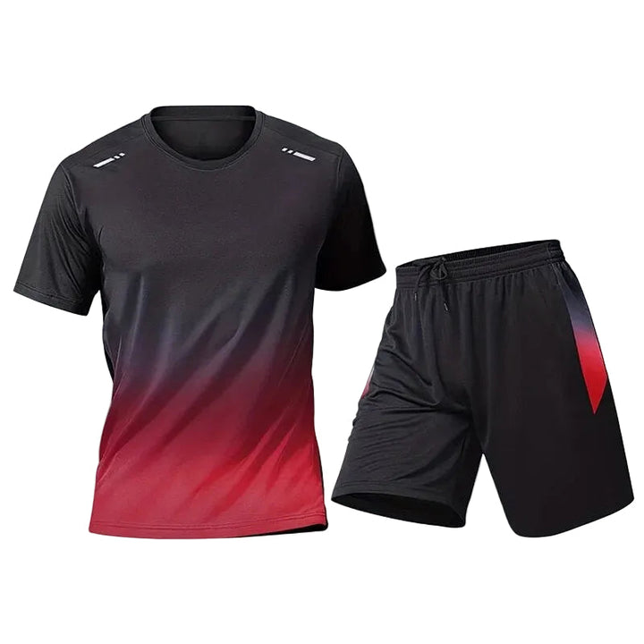 Sporty men's quick-dry activewear set with breathable t-shirt & flexible shorts.