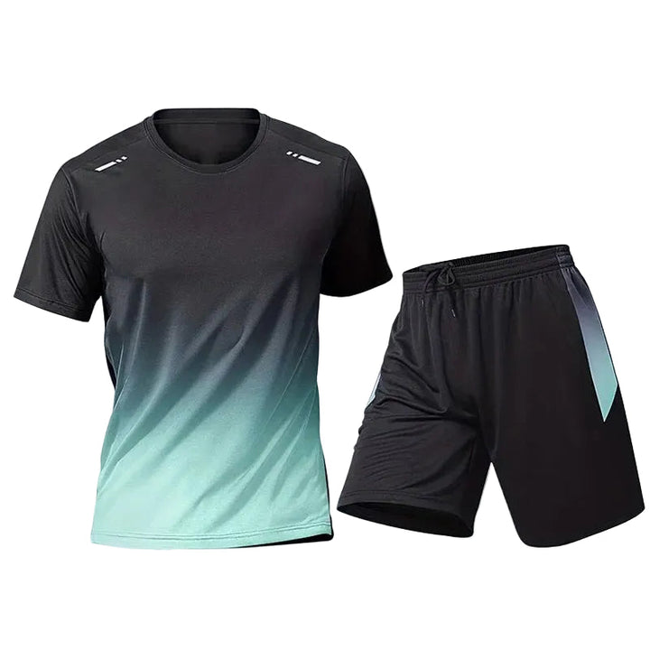 Two-piece men's quick-dry fitness apparel, featuring a performance t-shirt & shorts.