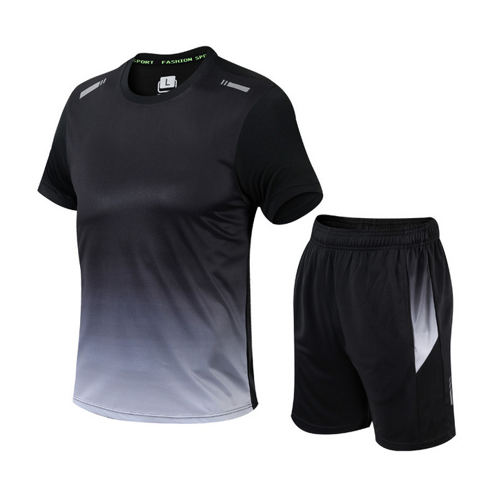 Men's quick-dry gym set: performance t-shirt & workout shorts for active lifestyle.