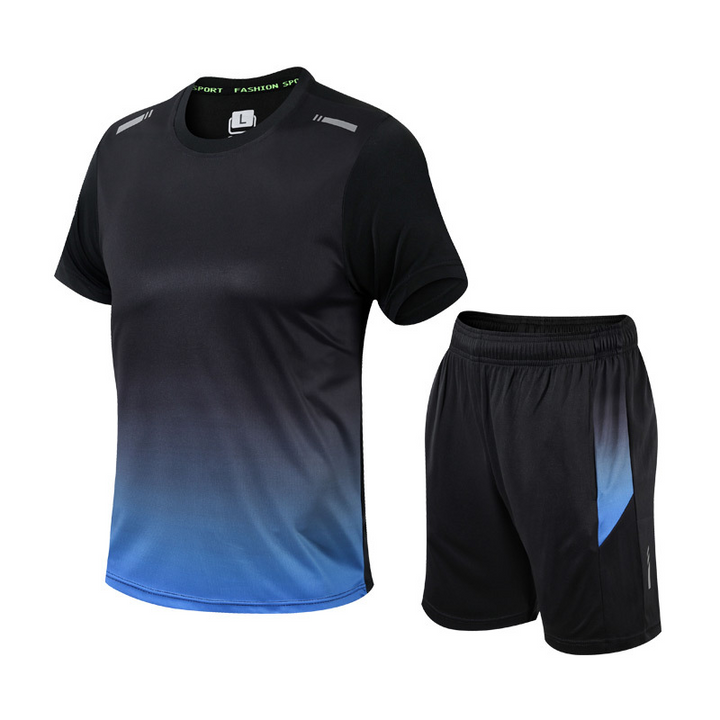 Men's quick-dry athletic set: performance t-shirt & gym shorts for intense workouts.