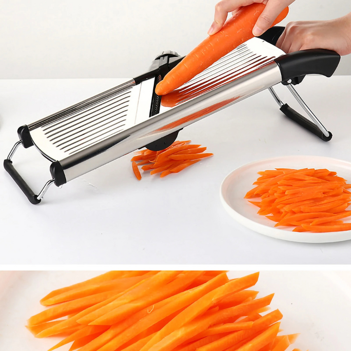 Adjustable mandoline slicer for quick vegetable prep. Stainless steel julienne cutter for kitchen cooking.