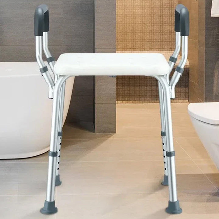 Adjustable shower chair for elderly & disabled, providing safe, comfortable bathing with mobility support.