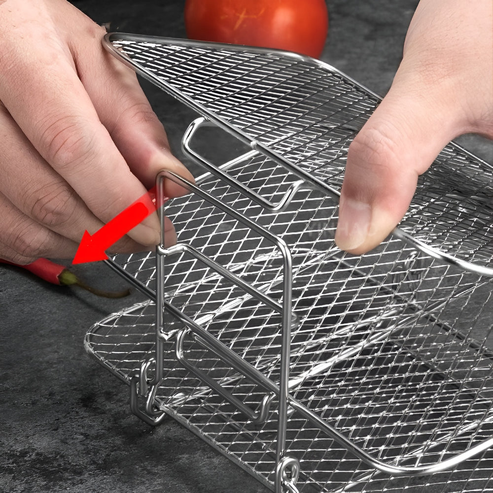 Versatile stackable air fryer cooking rack, ideal for baking, dehydrating, and roasting various foods.
