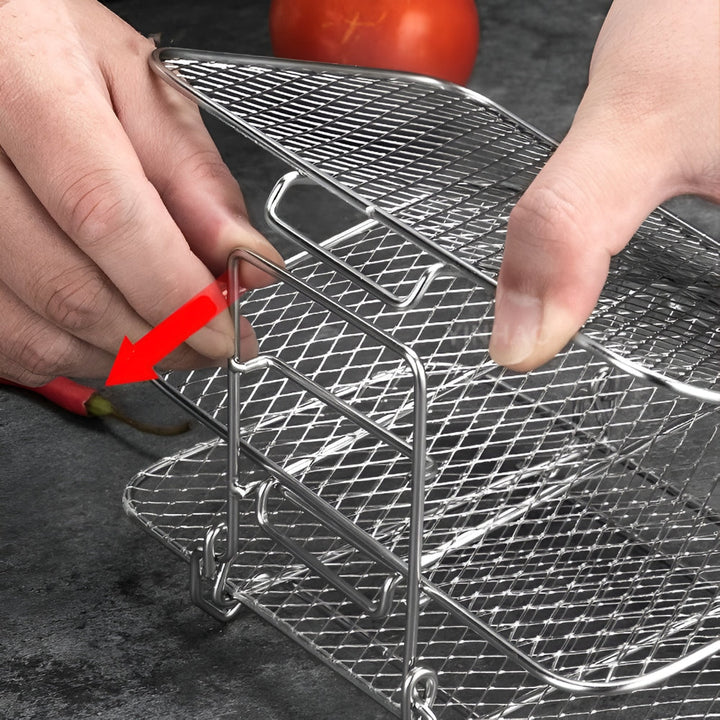 Versatile stackable air fryer cooking rack, ideal for baking, dehydrating, and roasting various foods.