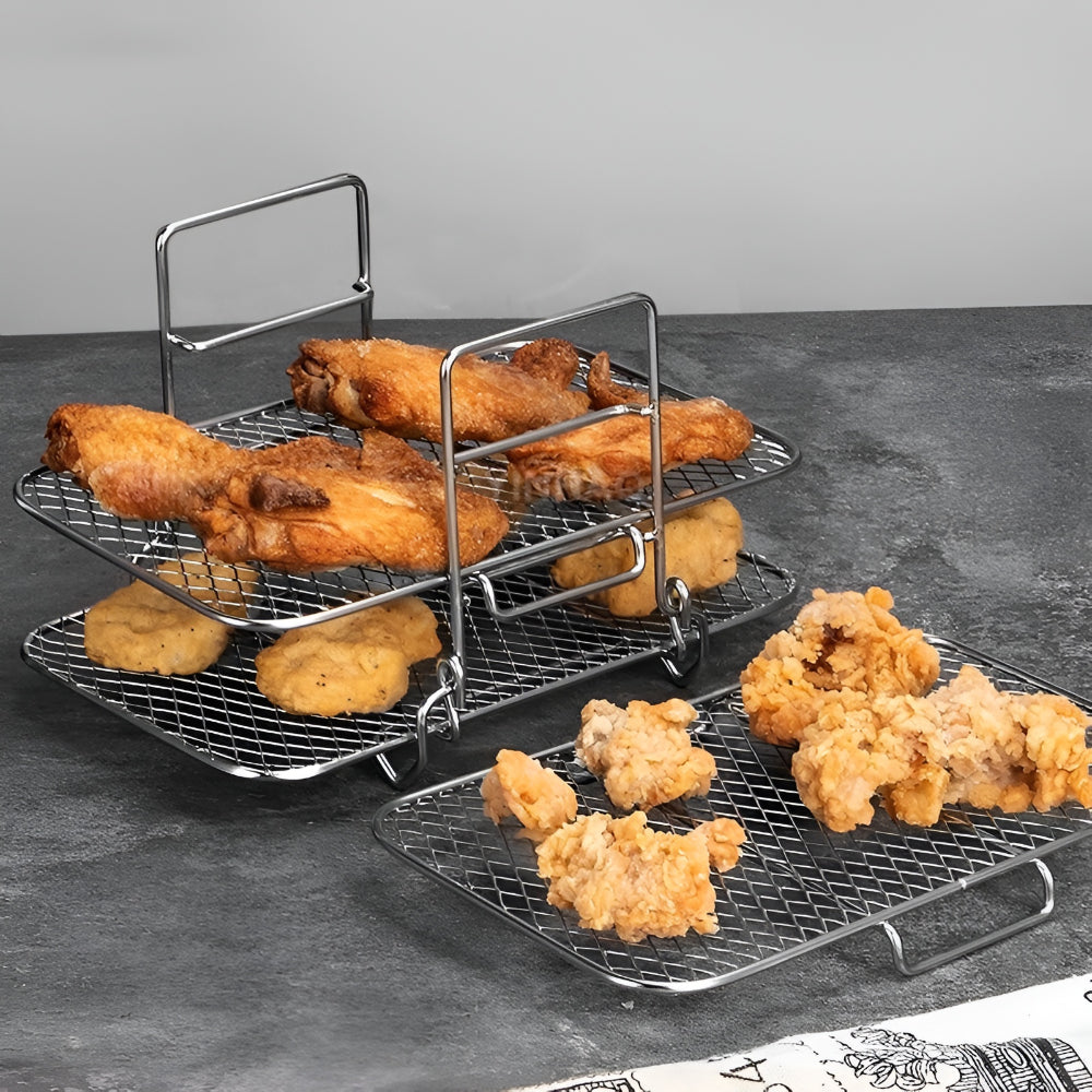Stackable stainless steel air fryer rack for multi-level cooking & efficient meal prep.