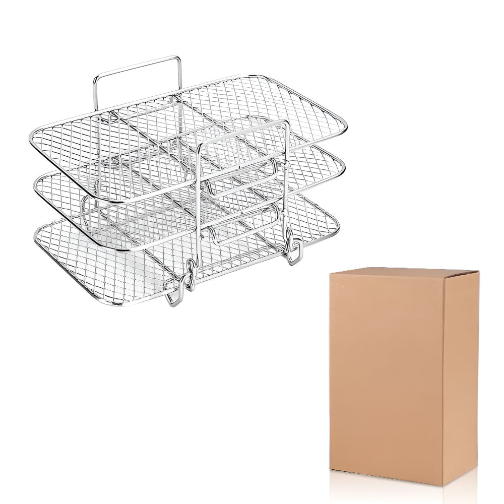Easy-to-use stackable air fryer rack and cooking tray insert, made of durable, easy-clean stainless steel.