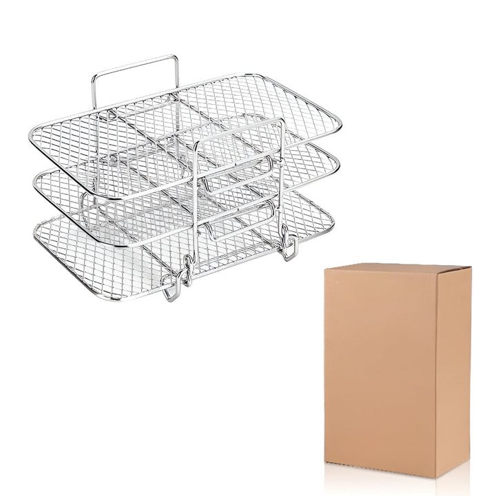 Easy-to-use stackable air fryer rack and cooking tray insert, made of durable, easy-clean stainless steel.