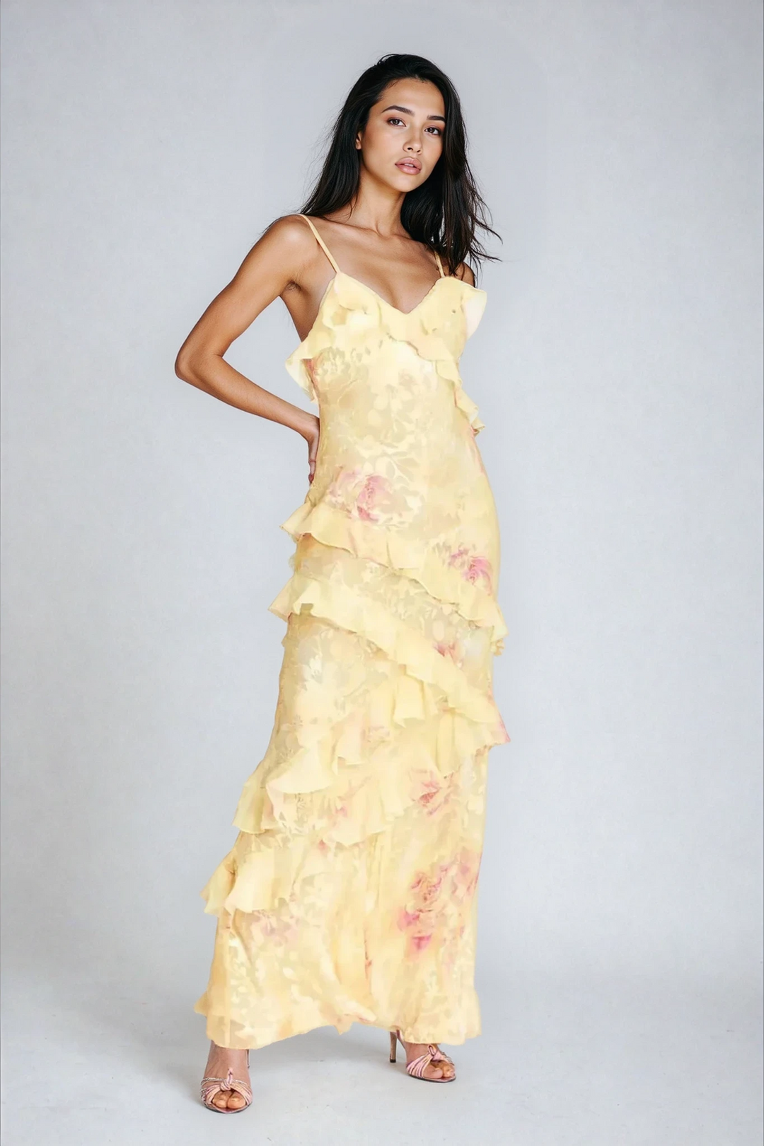 Women's flowy floral maxi dress with elegant ruffles, perfect for summer formal events & parties.