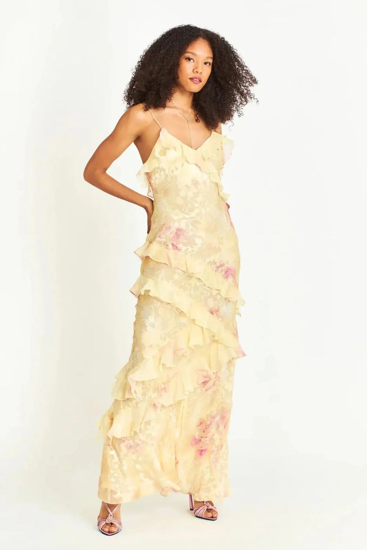 Women's floral maxi dress, flowy and elegant with ruffles. Great for summer formal parties & occasion wear.