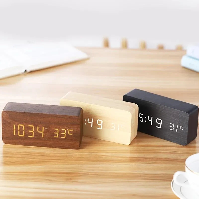 Modern digital LED wood desk alarm clock with bright display, perfect for bedroom or office decor.