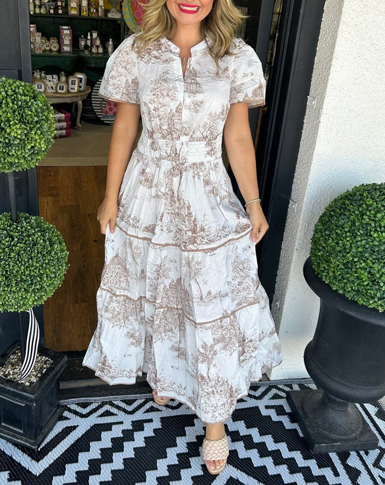 Summer fashion toile maxi dress. Comfortable, elegant flowing gown for women. Casual chic or party wear.