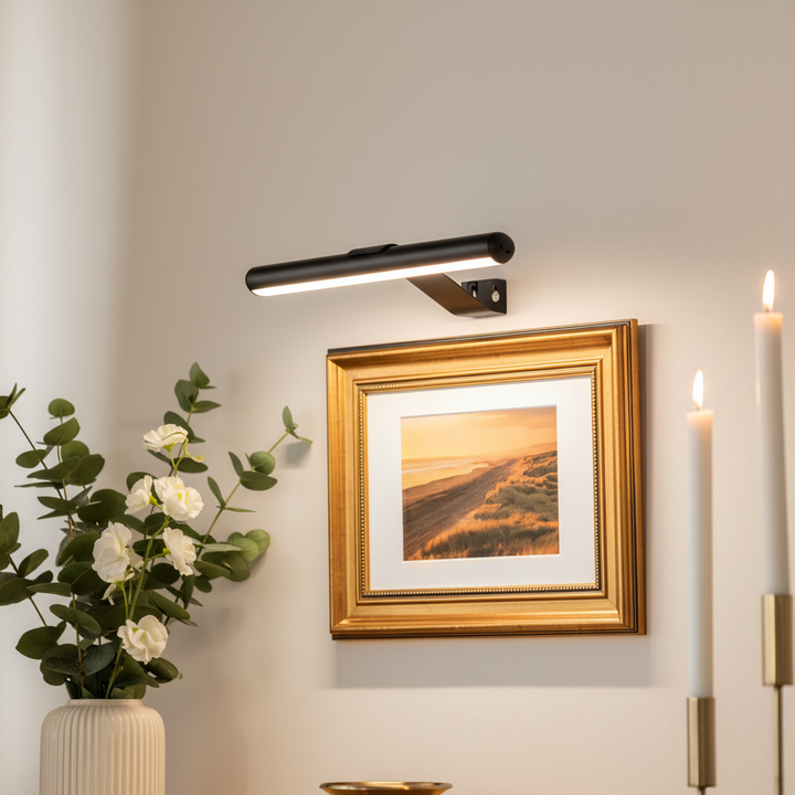 Sleek wireless dimmable LED picture wall light for art illumination. Rechargeable modern gallery lighting.