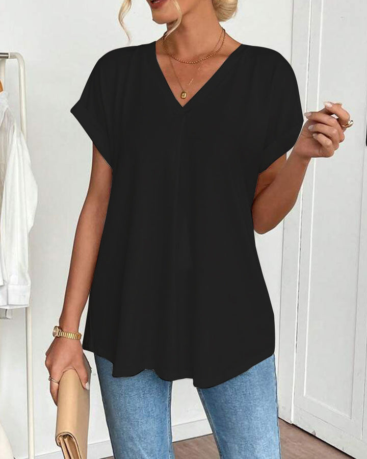 Elegant V-neck slimming t-shirt for women. Versatile casual top, perfect for spring, summer, and everyday fashion.