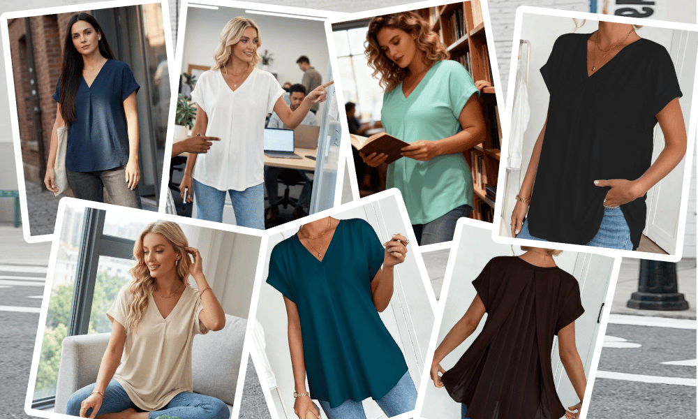 Women's V-neck t-shirt paired with jeans. Slimming, flattering top for a stylish, casual spring or summer outfit.
