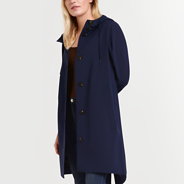 Stylish women's lightweight waterproof rain jacket, perfect for hiking, travel & casual wear.
