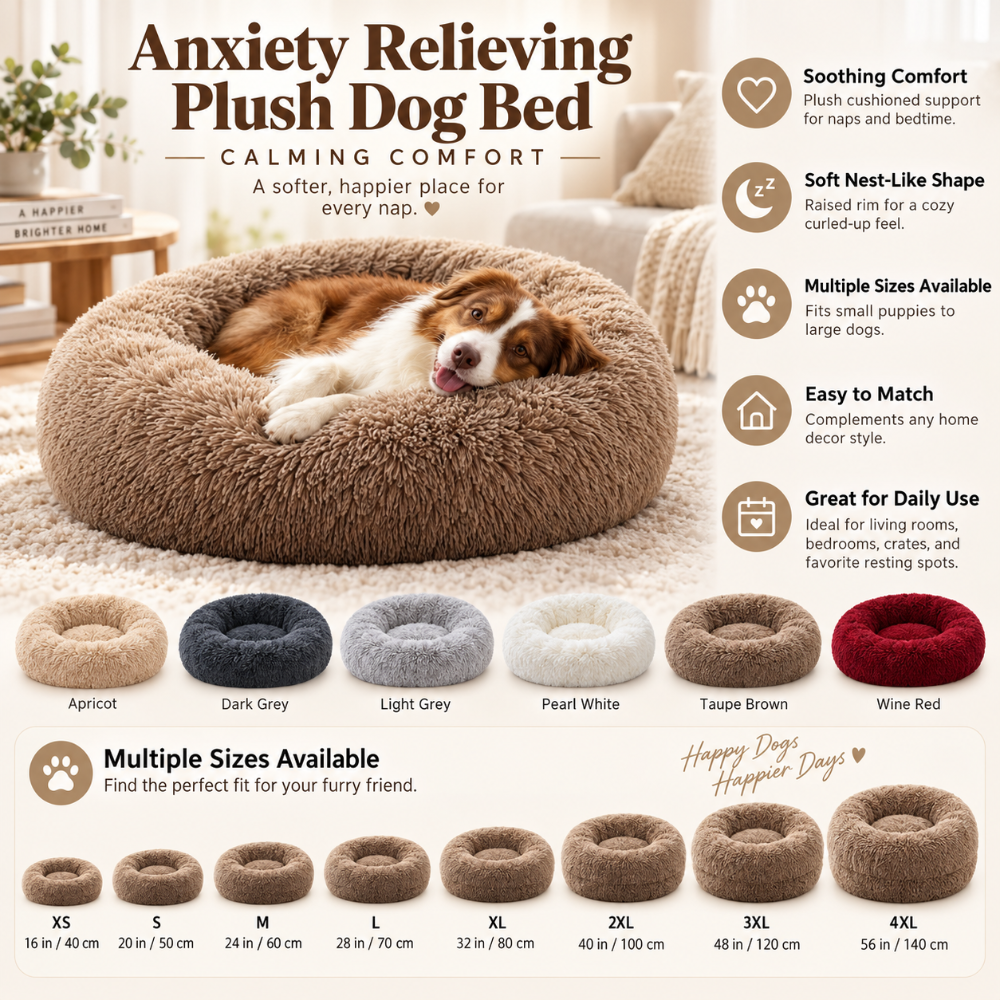 Cream plush dog bed for anxiety relief, featuring a raised rim for head & neck support, ultra-soft.