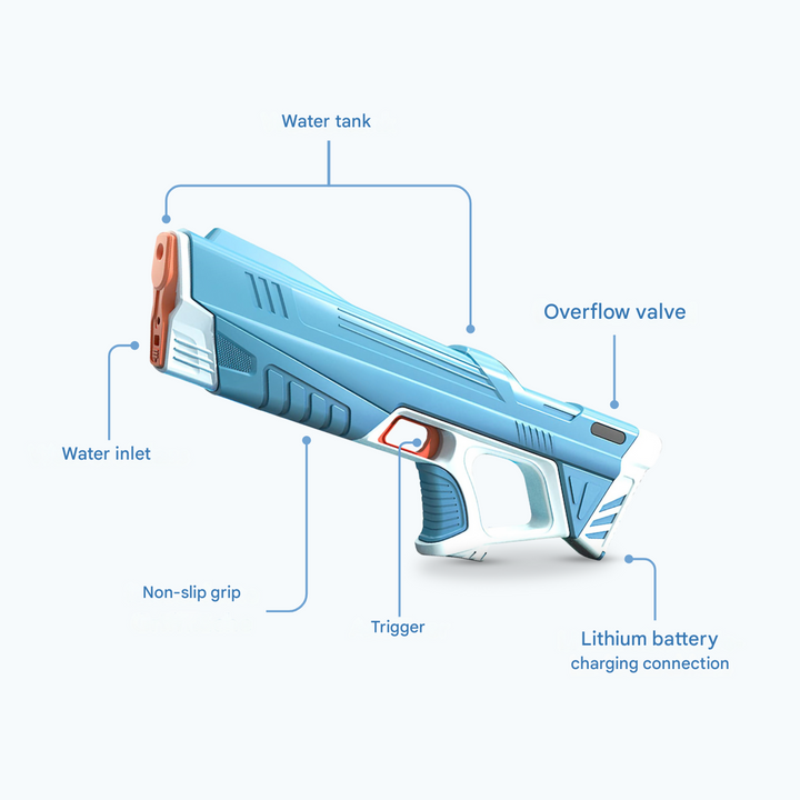 Rechargeable electric water blaster for dynamic garden games & outdoor water fights. Fun kids/adults toy.