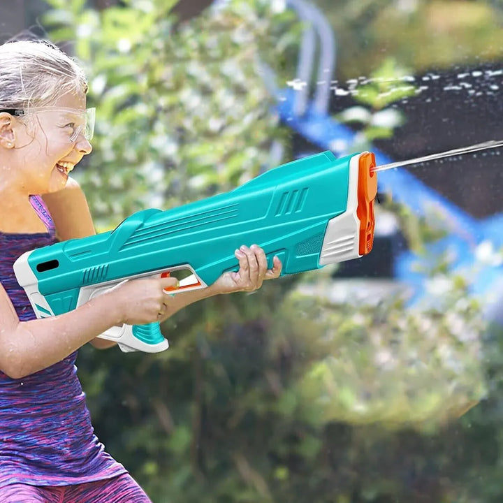 Rechargeable electric water blaster for exciting pool, beach, & garden games. Unisex summer toy.