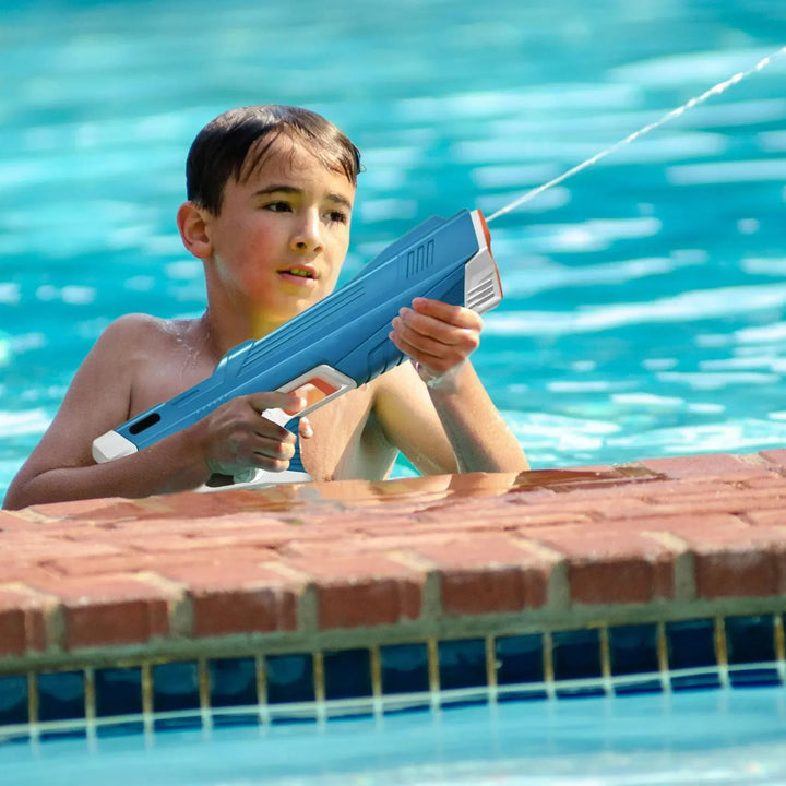 Sleek design electric water gun with long-range water blaster power. Rechargeable unisex outdoor toy.