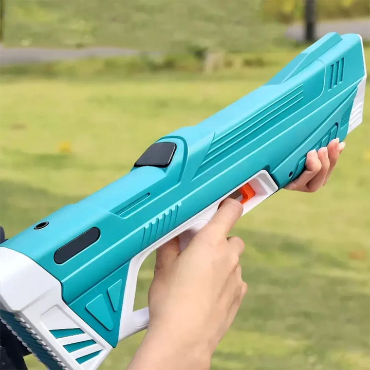 Person aiming a high-power rechargeable electric water gun, ready for a fun summer water fight.