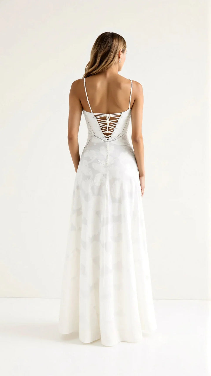 Vibrant floral print maxi dress for women, an elegant A-line wedding guest outfit.