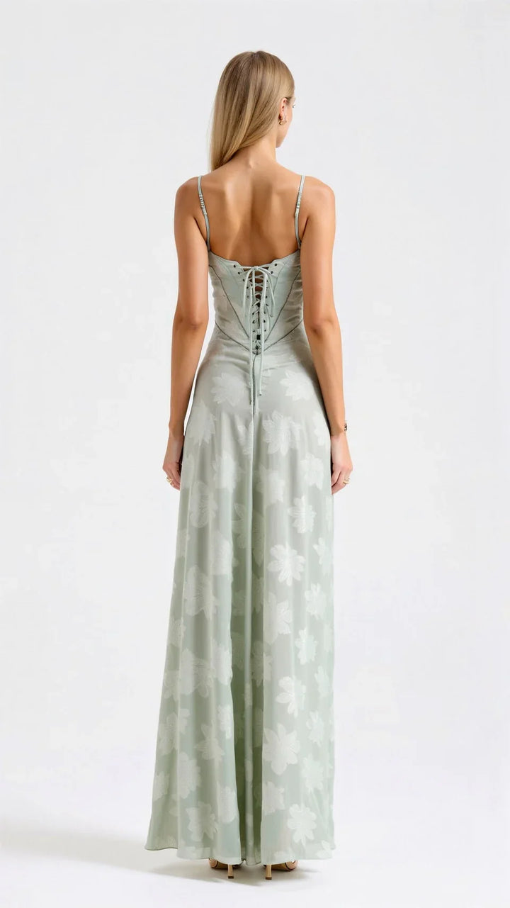 Formal floral maxi dress with sweetheart neckline, perfect elegant women's wedding guest attire.