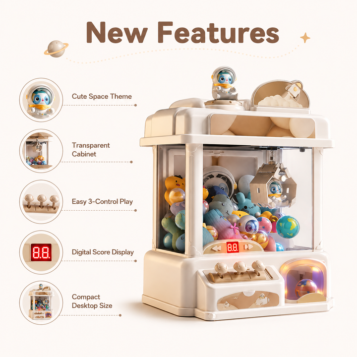 Fun kids' mini claw machine arcade game, including various plush prizes for exciting interactive play & rewards.