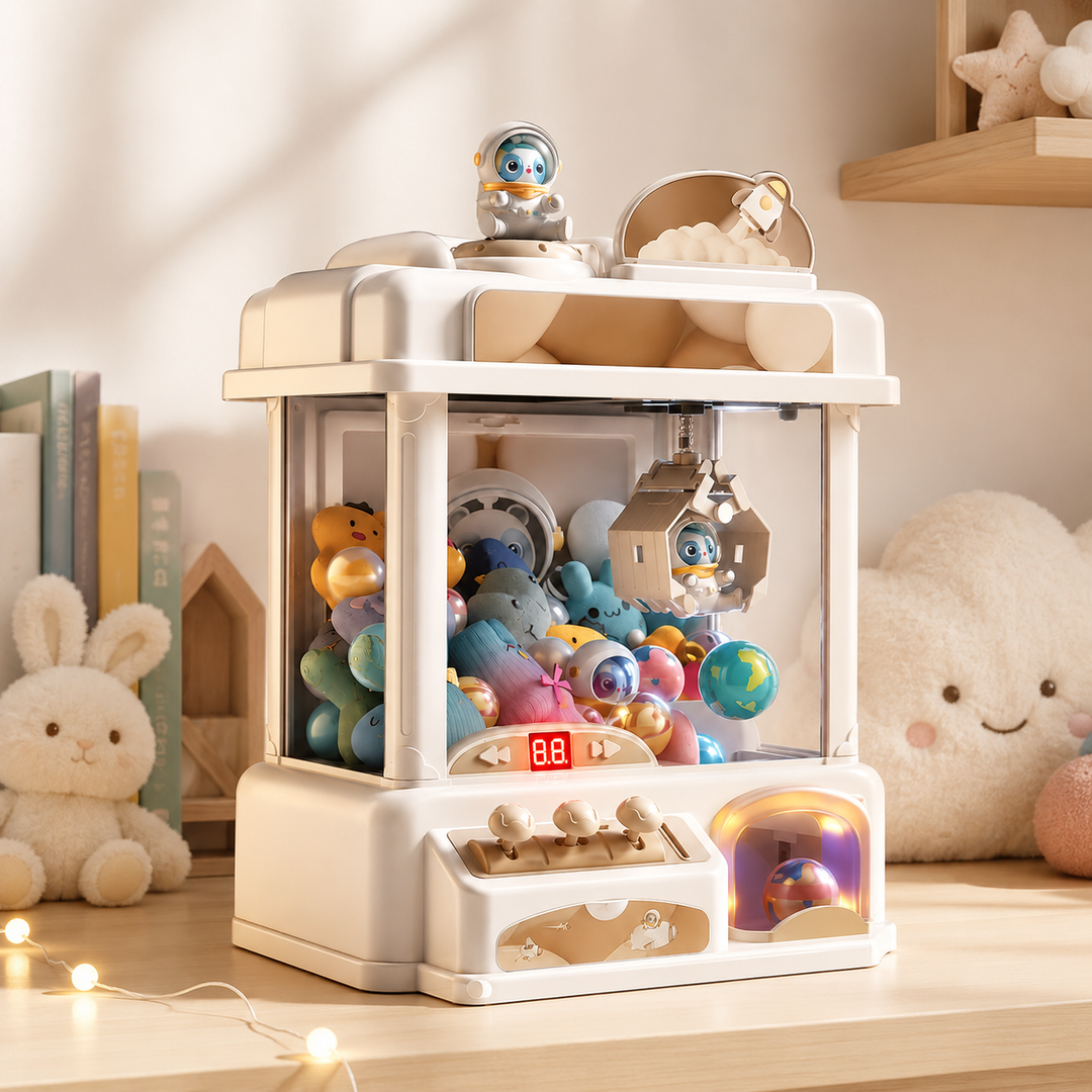 Kids' mini arcade claw machine toy with colorful plush prizes, perfect for skill-building fun & interactive play.