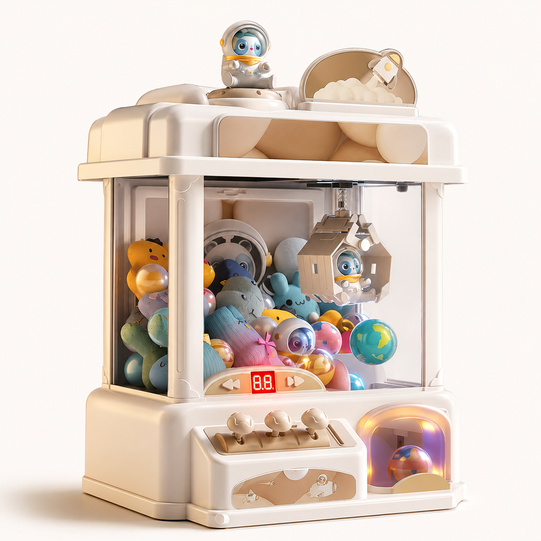 Mini arcade claw machine game for kids, featuring easy-to-grab plush toys; great for parties & family fun.
