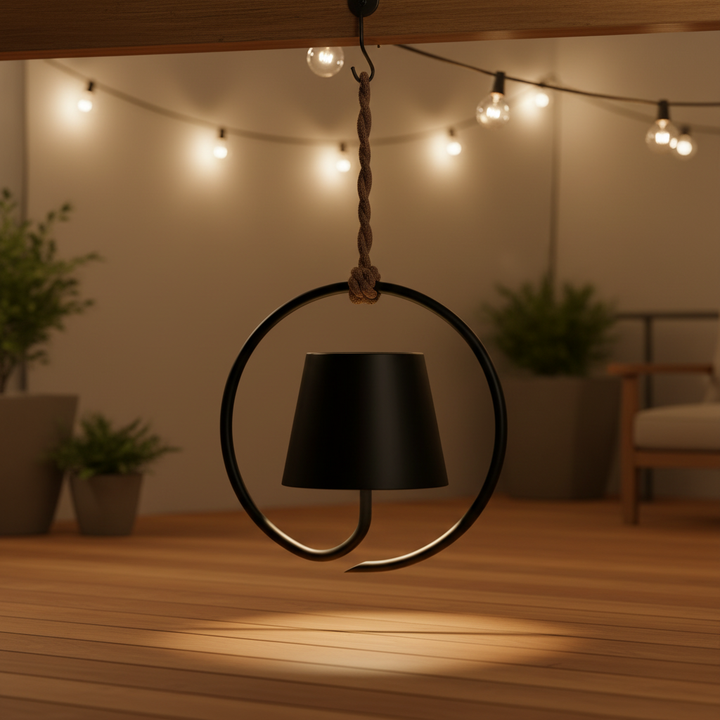 Modern rechargeable LED hanging lamp for indoor/outdoor decor. Portable, warm light, touch dimming.