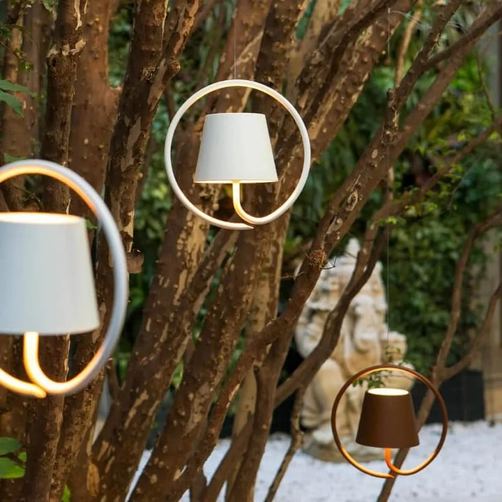 Rechargeable LED hanging lamp with touch dimming. Ideal for flexible portable indoor/outdoor lighting.