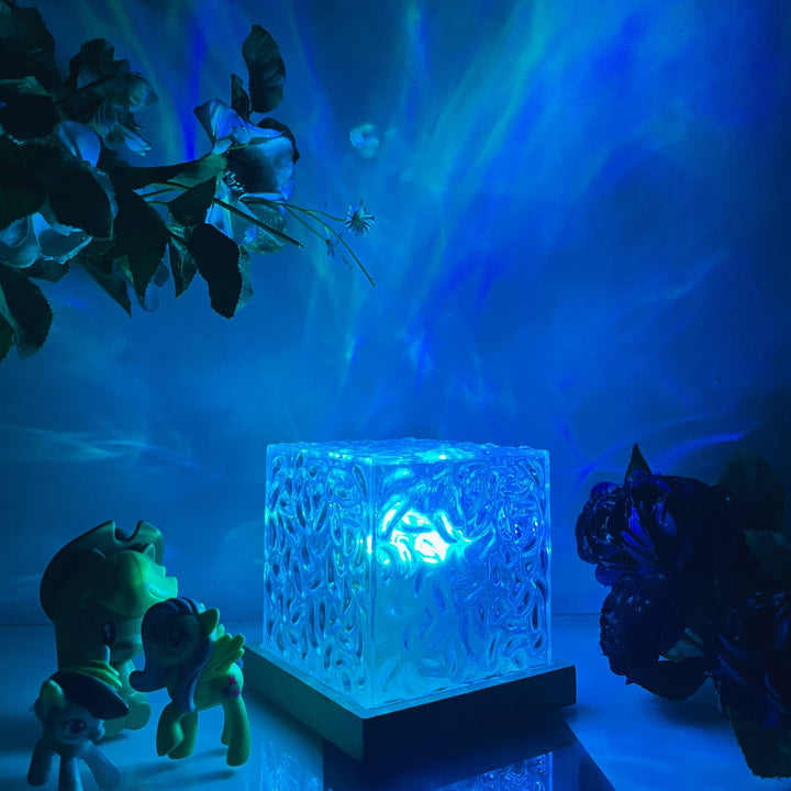 RGB Northern Lights projector lamp creating a relaxing ambiance, perfect for home decor or a night light.