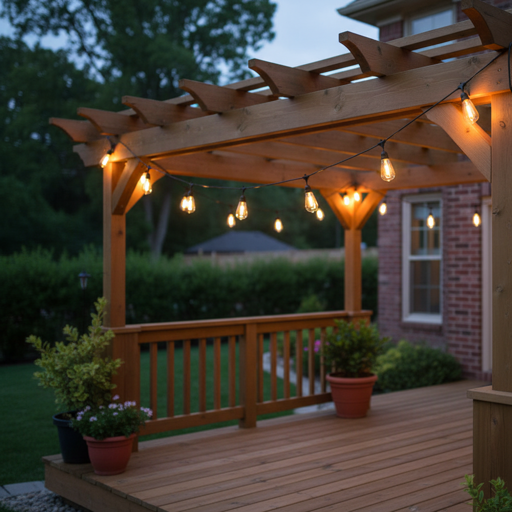 Waterproof LED outdoor patio string lights, MagicString, illuminating a garden for enchanting evenings.