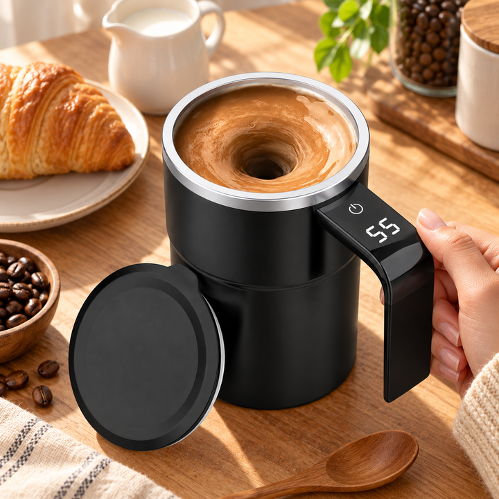 Rechargeable automatic stirring coffee mug, a smart kitchen gadget for perfectly mixed protein shakes or tea.