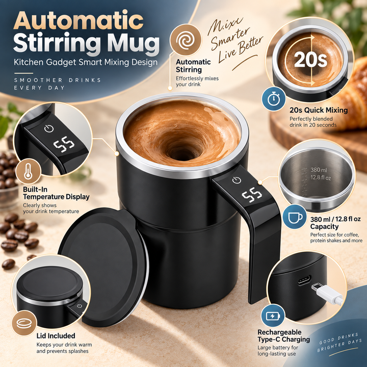 Sleek automatic stirring mug for coffee, tea, and protein shakes. Rechargeable, portable & smart mixing technology.