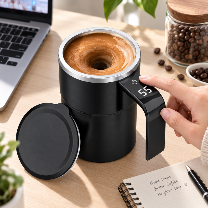 Portable automatic stirring travel mug for effortless beverages on-the-go. Rechargeable smart mixing coffee cup.