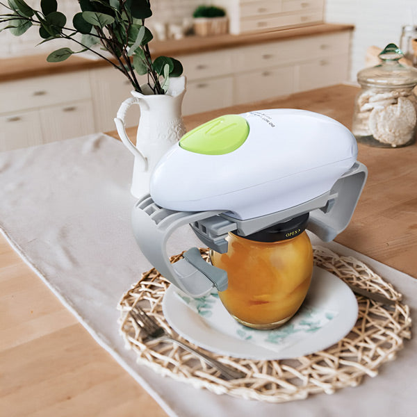 Hands-free electric jar opener, simplifies lid removal for all home kitchen users with ease.