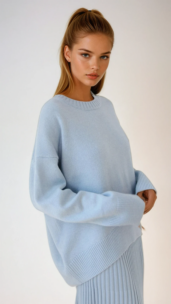 Stylish women's oversized crewneck sweater in a cozy knit, perfect for casual fall & winter fashion.