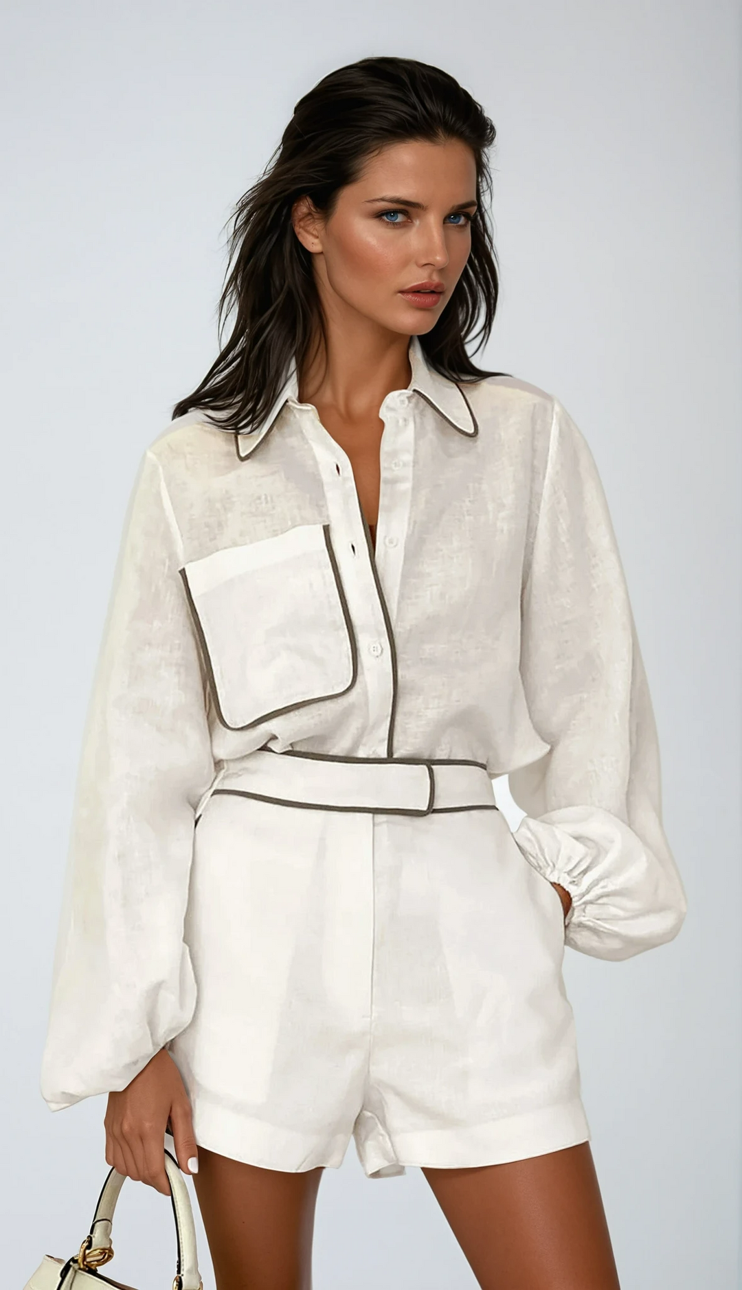 White women's contrast trim shorts set, two-piece summer loungewear. Ideal for casual chic.