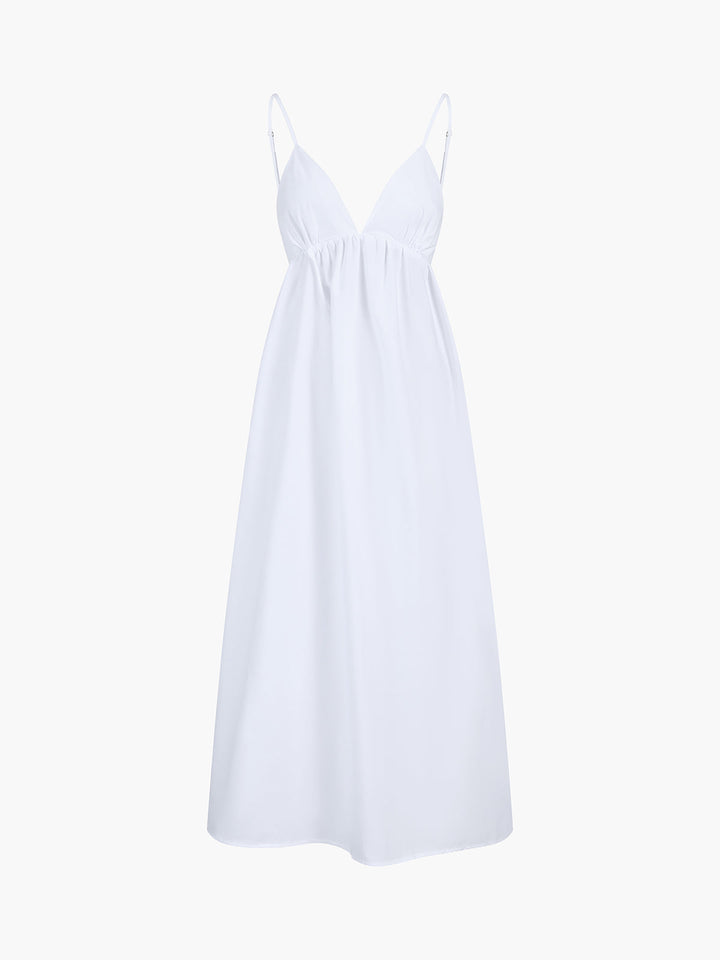 Elegant women's open-back V-neck midi dress, a chic sleeveless summer fashion statement.